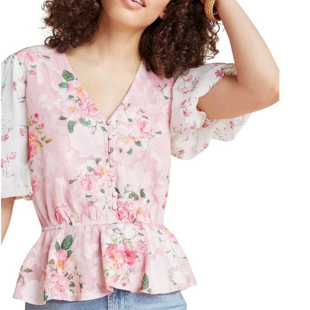Anthropologie Hemant & Nandita Pink Embroidered Rose Garden Peplum‎ Blouse XS